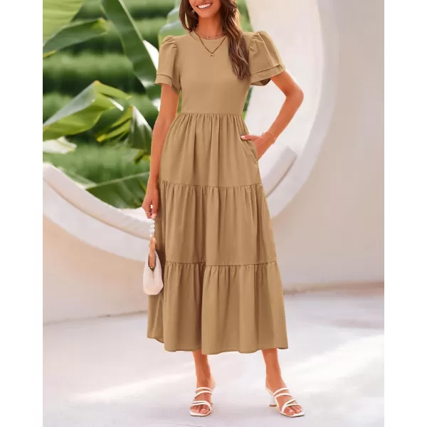 BTFBM 2024 Women Casual Summer Dresses Crewneck Flutter Short Sleeve Elastic Waist Flowy Aline Tiered Maxi Dress PocketsSolid Khaki