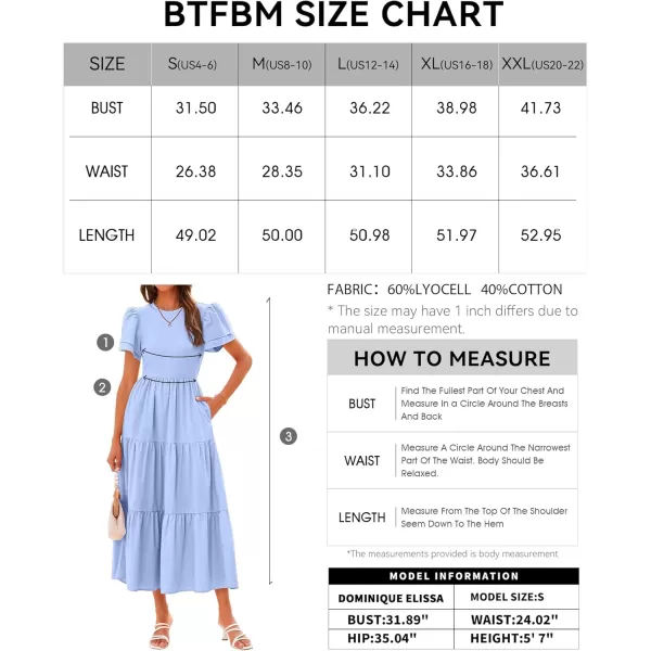 BTFBM 2024 Women Casual Summer Dresses Crewneck Flutter Short Sleeve Elastic Waist Flowy Aline Tiered Maxi Dress PocketsSolid Light Blue