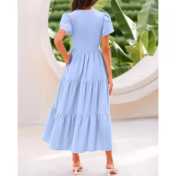 BTFBM 2024 Women Casual Summer Dresses Crewneck Flutter Short Sleeve Elastic Waist Flowy Aline Tiered Maxi Dress PocketsSolid Light Blue