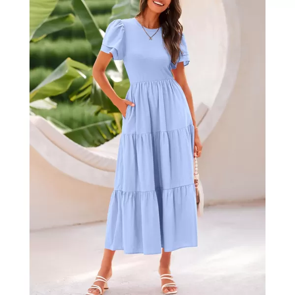 BTFBM 2024 Women Casual Summer Dresses Crewneck Flutter Short Sleeve Elastic Waist Flowy Aline Tiered Maxi Dress PocketsSolid Light Blue