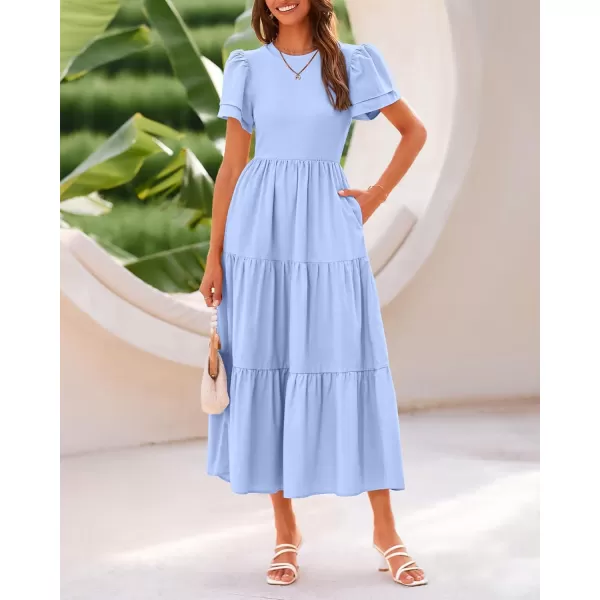 BTFBM 2024 Women Casual Summer Dresses Crewneck Flutter Short Sleeve Elastic Waist Flowy Aline Tiered Maxi Dress PocketsSolid Light Blue