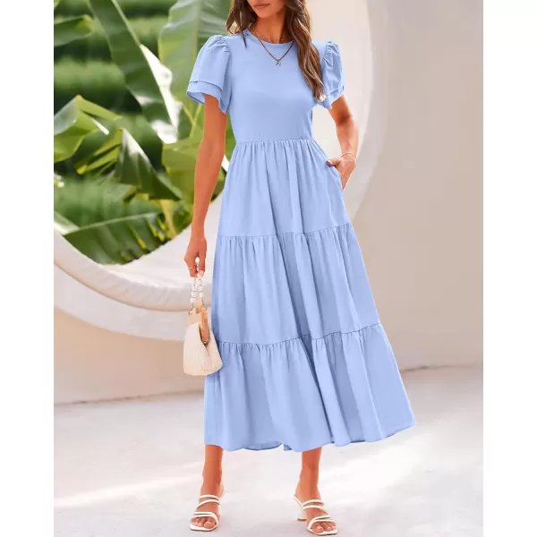 BTFBM 2024 Women Casual Summer Dresses Crewneck Flutter Short Sleeve Elastic Waist Flowy Aline Tiered Maxi Dress PocketsSolid Light Blue