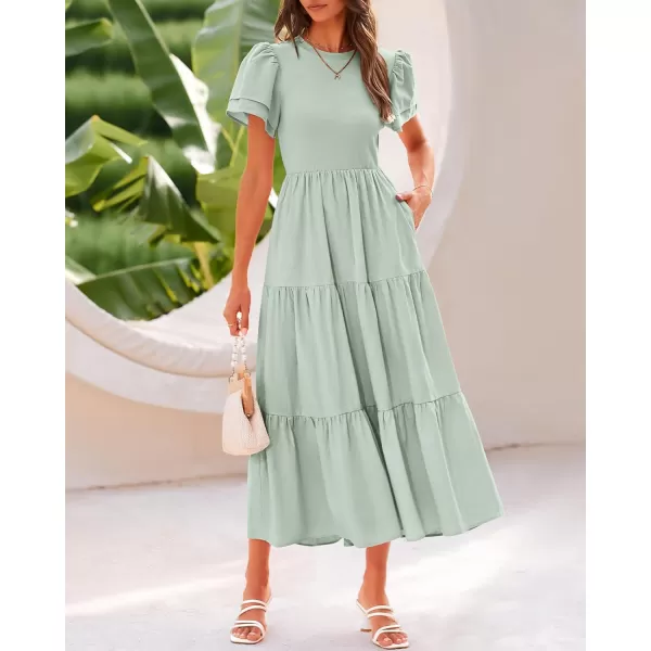 BTFBM 2024 Women Casual Summer Dresses Crewneck Flutter Short Sleeve Elastic Waist Flowy Aline Tiered Maxi Dress PocketsSolid Light Green