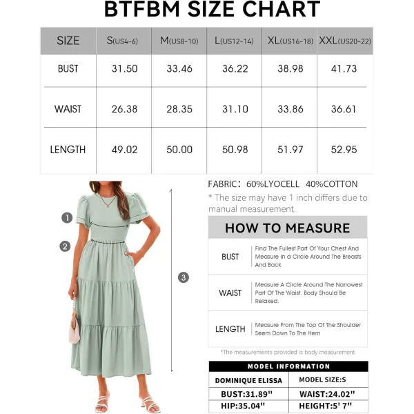 BTFBM 2024 Women Casual Summer Dresses Crewneck Flutter Short Sleeve Elastic Waist Flowy Aline Tiered Maxi Dress PocketsSolid Light Green