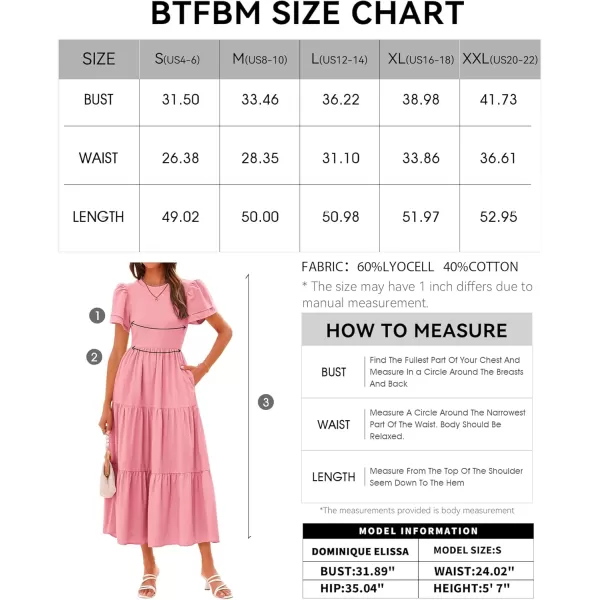 BTFBM 2024 Women Casual Summer Dresses Crewneck Flutter Short Sleeve Elastic Waist Flowy Aline Tiered Maxi Dress PocketsSolid Pink