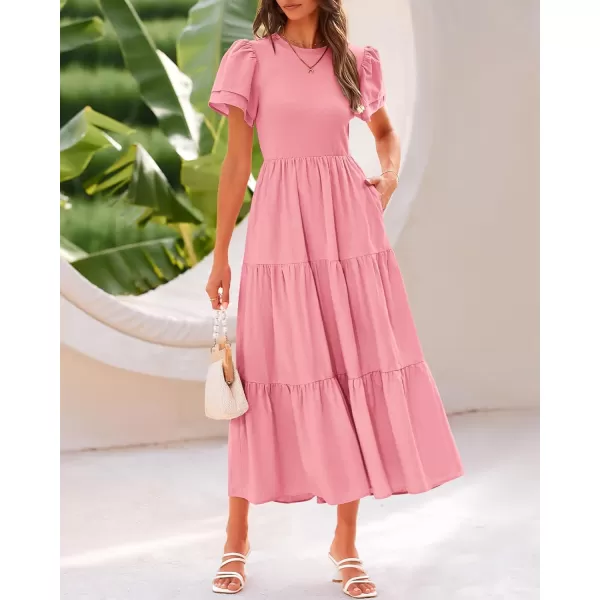 BTFBM 2024 Women Casual Summer Dresses Crewneck Flutter Short Sleeve Elastic Waist Flowy Aline Tiered Maxi Dress PocketsSolid Pink