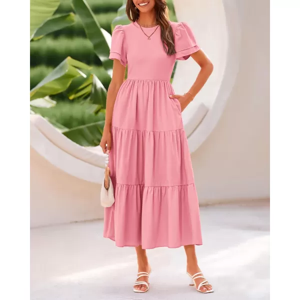 BTFBM 2024 Women Casual Summer Dresses Crewneck Flutter Short Sleeve Elastic Waist Flowy Aline Tiered Maxi Dress PocketsSolid Pink