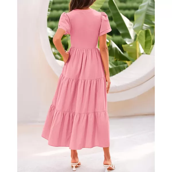 BTFBM 2024 Women Casual Summer Dresses Crewneck Flutter Short Sleeve Elastic Waist Flowy Aline Tiered Maxi Dress PocketsSolid Pink