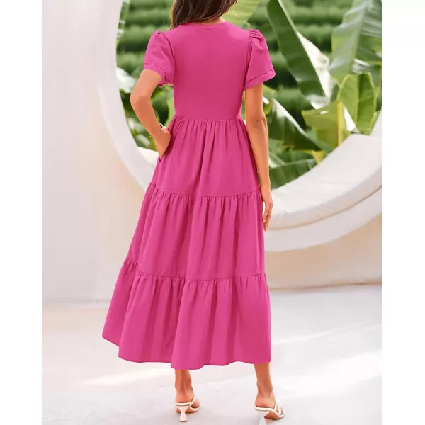 BTFBM 2024 Women Casual Summer Dresses Crewneck Flutter Short Sleeve Elastic Waist Flowy Aline Tiered Maxi Dress PocketsSolid Rose Red