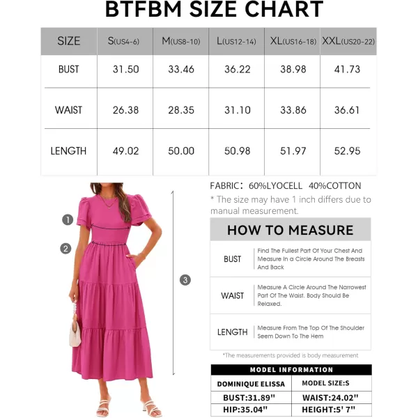 BTFBM 2024 Women Casual Summer Dresses Crewneck Flutter Short Sleeve Elastic Waist Flowy Aline Tiered Maxi Dress PocketsSolid Rose Red
