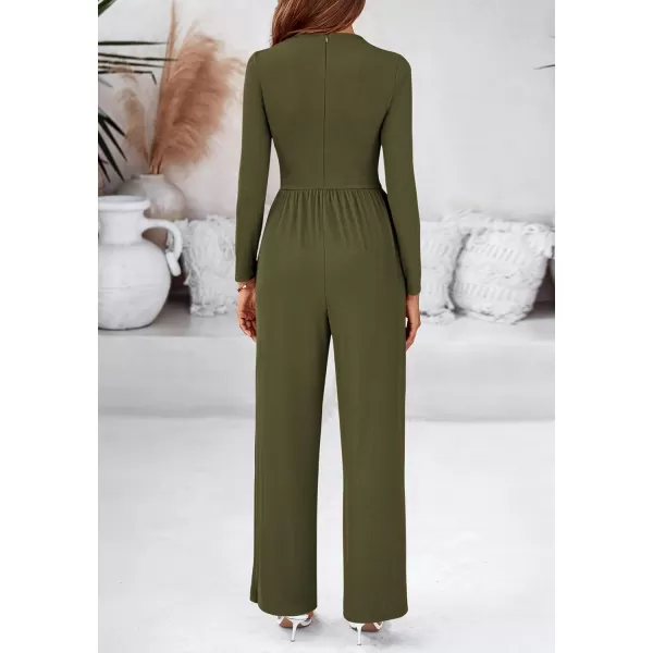 BTFBM Jumpsuits For Women Dressy Mock Neck Long Sleeve Ruched Ribbed Long Pants Rompers Casual Fall One Piece JumpsuitSolid Army Green