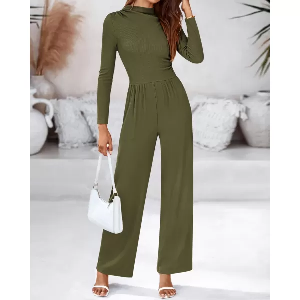 BTFBM Jumpsuits For Women Dressy Mock Neck Long Sleeve Ruched Ribbed Long Pants Rompers Casual Fall One Piece JumpsuitSolid Army Green