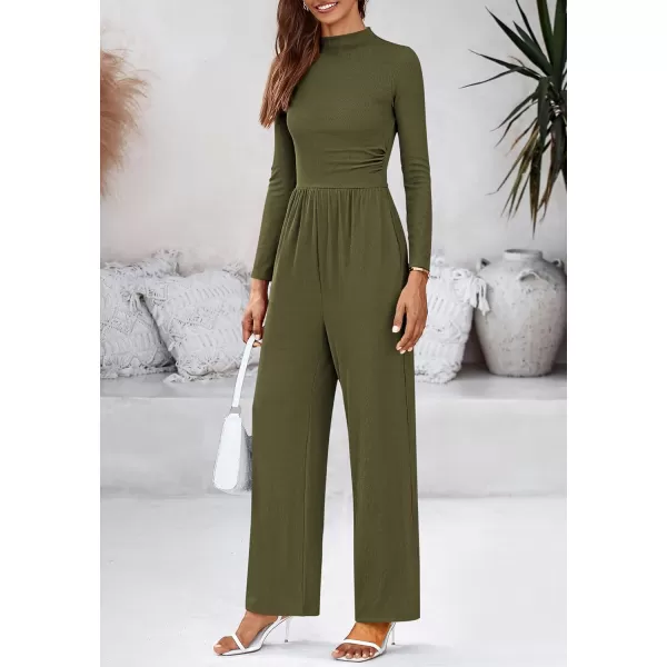 BTFBM Jumpsuits For Women Dressy Mock Neck Long Sleeve Ruched Ribbed Long Pants Rompers Casual Fall One Piece JumpsuitSolid Army Green