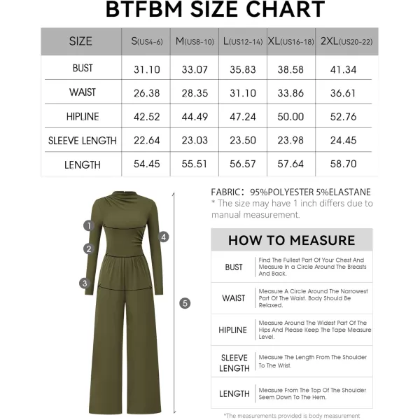 BTFBM Jumpsuits For Women Dressy Mock Neck Long Sleeve Ruched Ribbed Long Pants Rompers Casual Fall One Piece JumpsuitSolid Army Green