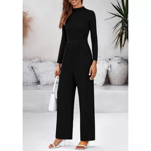 BTFBM Jumpsuits For Women Dressy Mock Neck Long Sleeve Ruched Ribbed Long Pants Rompers Casual Fall One Piece JumpsuitSolid Black