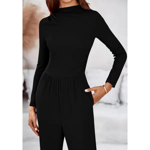 BTFBM Jumpsuits For Women Dressy Mock Neck Long Sleeve Ruched Ribbed Long Pants Rompers Casual Fall One Piece JumpsuitSolid Black
