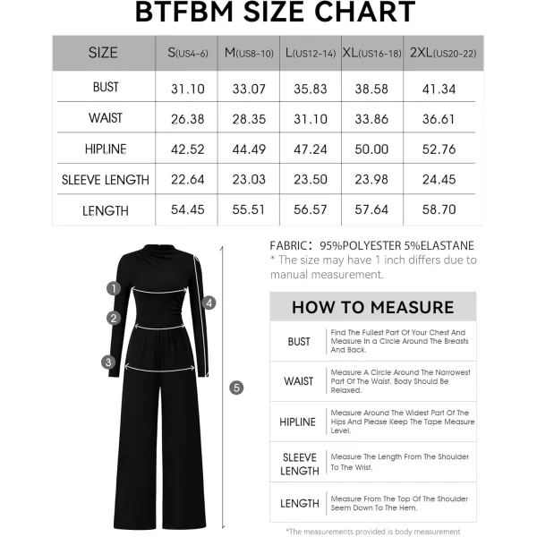 BTFBM Jumpsuits For Women Dressy Mock Neck Long Sleeve Ruched Ribbed Long Pants Rompers Casual Fall One Piece JumpsuitSolid Black