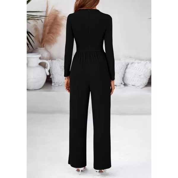 BTFBM Jumpsuits For Women Dressy Mock Neck Long Sleeve Ruched Ribbed Long Pants Rompers Casual Fall One Piece JumpsuitSolid Black