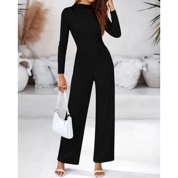 BTFBM Jumpsuits For Women Dressy Mock Neck Long Sleeve Ruched Ribbed Long Pants Rompers Casual Fall One Piece JumpsuitSolid Black