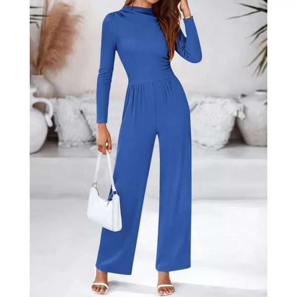 BTFBM Jumpsuits For Women Dressy Mock Neck Long Sleeve Ruched Ribbed Long Pants Rompers Casual Fall One Piece JumpsuitSolid Blue