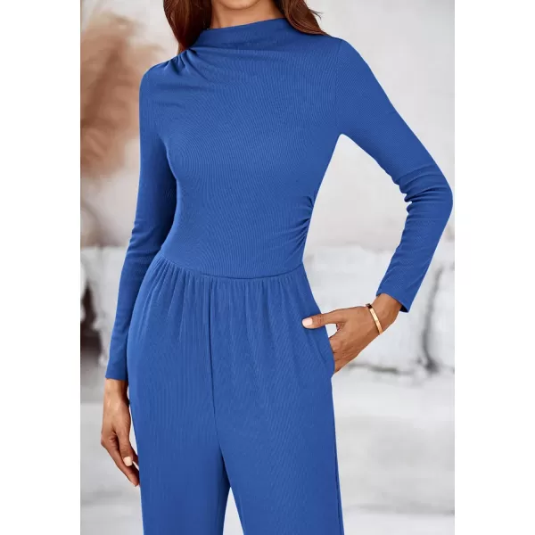 BTFBM Jumpsuits For Women Dressy Mock Neck Long Sleeve Ruched Ribbed Long Pants Rompers Casual Fall One Piece JumpsuitSolid Blue