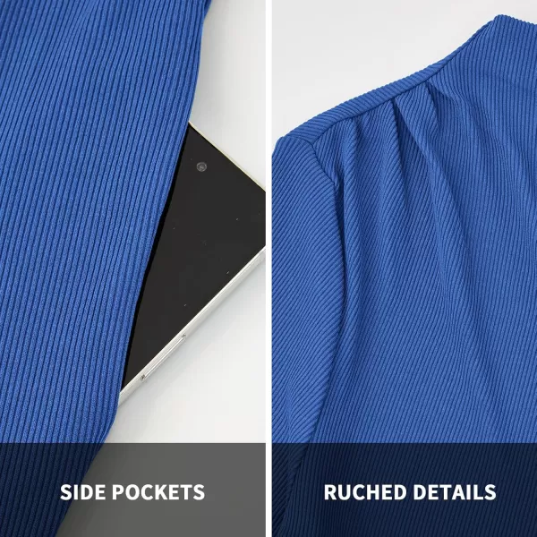 BTFBM Jumpsuits For Women Dressy Mock Neck Long Sleeve Ruched Ribbed Long Pants Rompers Casual Fall One Piece JumpsuitSolid Blue