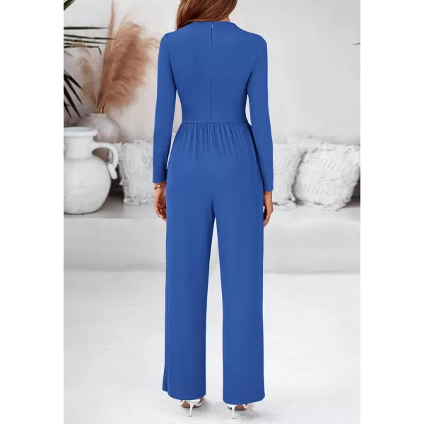 BTFBM Jumpsuits For Women Dressy Mock Neck Long Sleeve Ruched Ribbed Long Pants Rompers Casual Fall One Piece JumpsuitSolid Blue