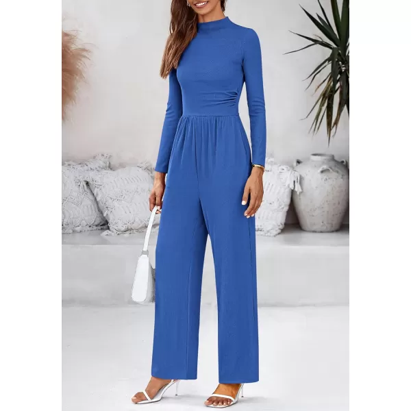 BTFBM Jumpsuits For Women Dressy Mock Neck Long Sleeve Ruched Ribbed Long Pants Rompers Casual Fall One Piece JumpsuitSolid Blue