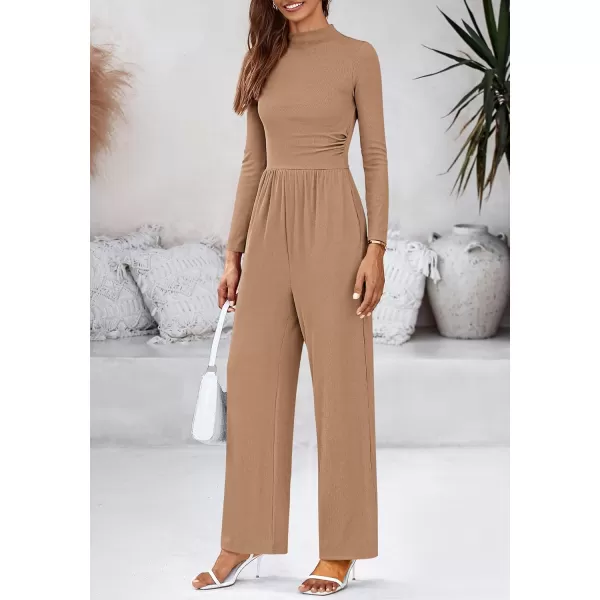 BTFBM Jumpsuits For Women Dressy Mock Neck Long Sleeve Ruched Ribbed Long Pants Rompers Casual Fall One Piece JumpsuitSolid Khaki