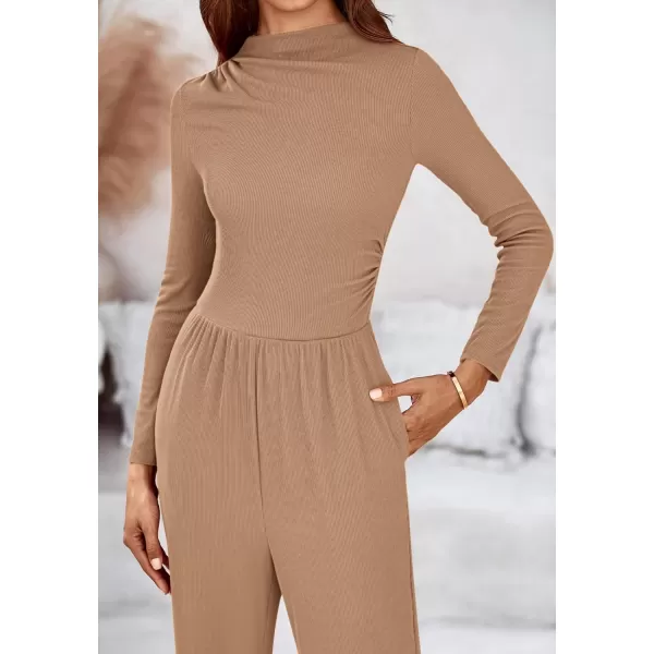 BTFBM Jumpsuits For Women Dressy Mock Neck Long Sleeve Ruched Ribbed Long Pants Rompers Casual Fall One Piece JumpsuitSolid Khaki