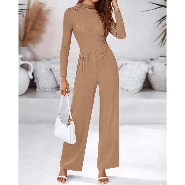 BTFBM Jumpsuits For Women Dressy Mock Neck Long Sleeve Ruched Ribbed Long Pants Rompers Casual Fall One Piece JumpsuitSolid Khaki