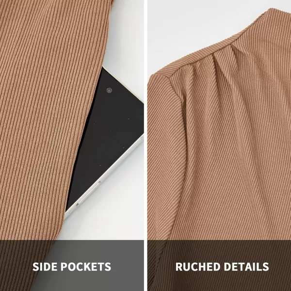 BTFBM Jumpsuits For Women Dressy Mock Neck Long Sleeve Ruched Ribbed Long Pants Rompers Casual Fall One Piece JumpsuitSolid Khaki