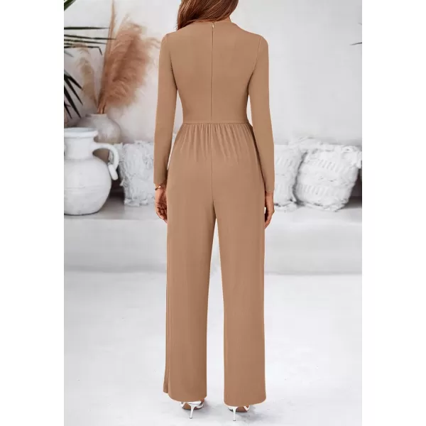 BTFBM Jumpsuits For Women Dressy Mock Neck Long Sleeve Ruched Ribbed Long Pants Rompers Casual Fall One Piece JumpsuitSolid Khaki