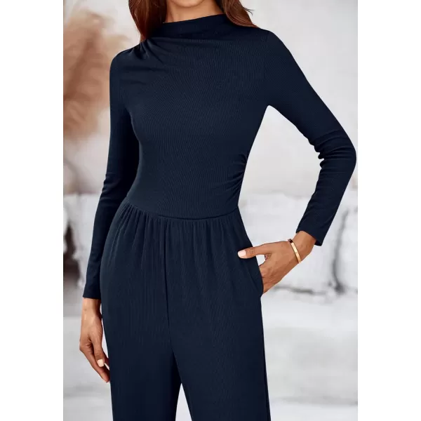 BTFBM Jumpsuits For Women Dressy Mock Neck Long Sleeve Ruched Ribbed Long Pants Rompers Casual Fall One Piece JumpsuitSolid Navy