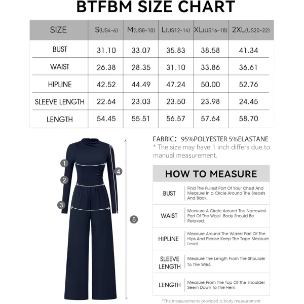 BTFBM Jumpsuits For Women Dressy Mock Neck Long Sleeve Ruched Ribbed Long Pants Rompers Casual Fall One Piece JumpsuitSolid Navy