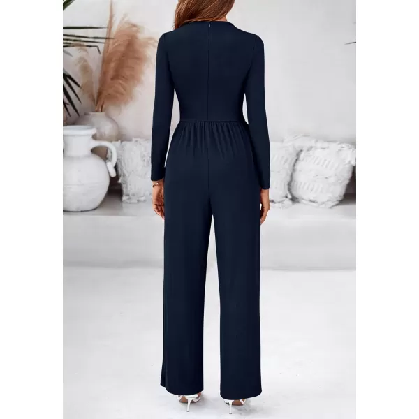 BTFBM Jumpsuits For Women Dressy Mock Neck Long Sleeve Ruched Ribbed Long Pants Rompers Casual Fall One Piece JumpsuitSolid Navy