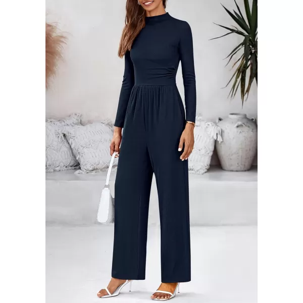 BTFBM Jumpsuits For Women Dressy Mock Neck Long Sleeve Ruched Ribbed Long Pants Rompers Casual Fall One Piece JumpsuitSolid Navy