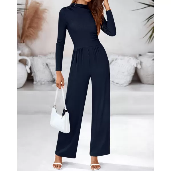 BTFBM Jumpsuits For Women Dressy Mock Neck Long Sleeve Ruched Ribbed Long Pants Rompers Casual Fall One Piece JumpsuitSolid Navy
