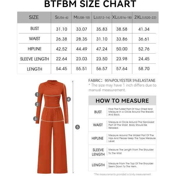 BTFBM Jumpsuits For Women Dressy Mock Neck Long Sleeve Ruched Ribbed Long Pants Rompers Casual Fall One Piece JumpsuitSolid Orange