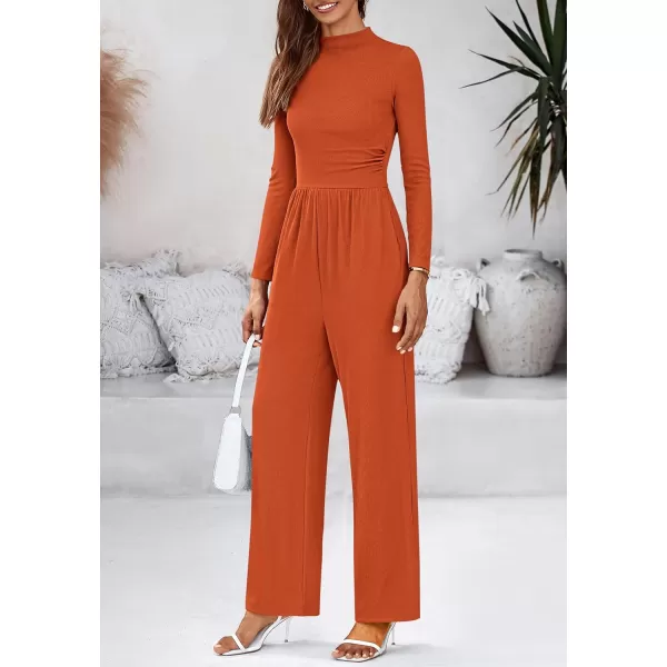 BTFBM Jumpsuits For Women Dressy Mock Neck Long Sleeve Ruched Ribbed Long Pants Rompers Casual Fall One Piece JumpsuitSolid Orange