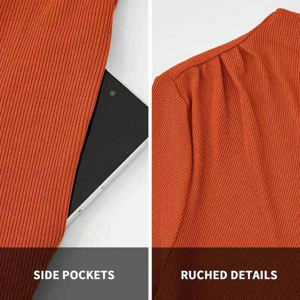 BTFBM Jumpsuits For Women Dressy Mock Neck Long Sleeve Ruched Ribbed Long Pants Rompers Casual Fall One Piece JumpsuitSolid Orange