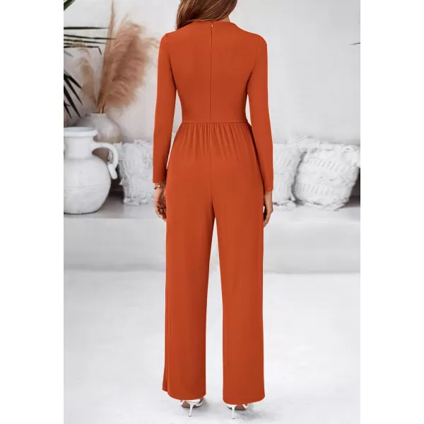 BTFBM Jumpsuits For Women Dressy Mock Neck Long Sleeve Ruched Ribbed Long Pants Rompers Casual Fall One Piece JumpsuitSolid Orange