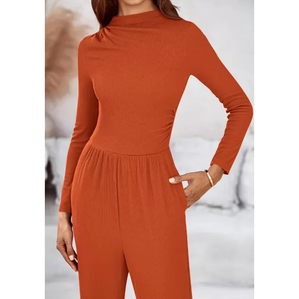 BTFBM Jumpsuits For Women Dressy Mock Neck Long Sleeve Ruched Ribbed Long Pants Rompers Casual Fall One Piece JumpsuitSolid Orange