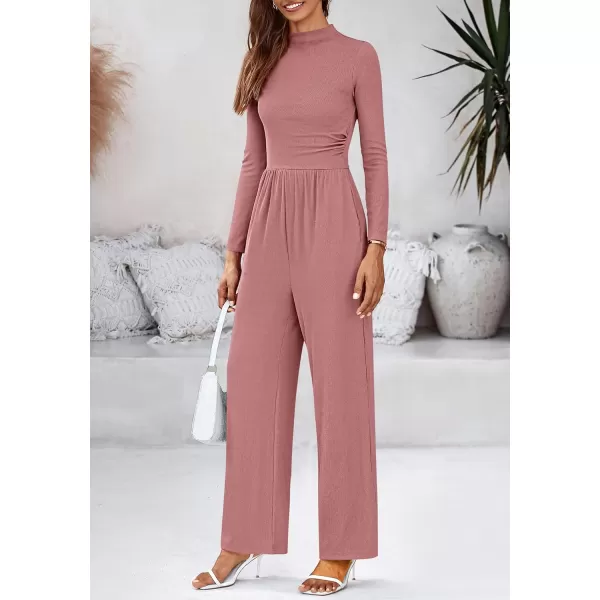 BTFBM Jumpsuits For Women Dressy Mock Neck Long Sleeve Ruched Ribbed Long Pants Rompers Casual Fall One Piece JumpsuitSolid Pink