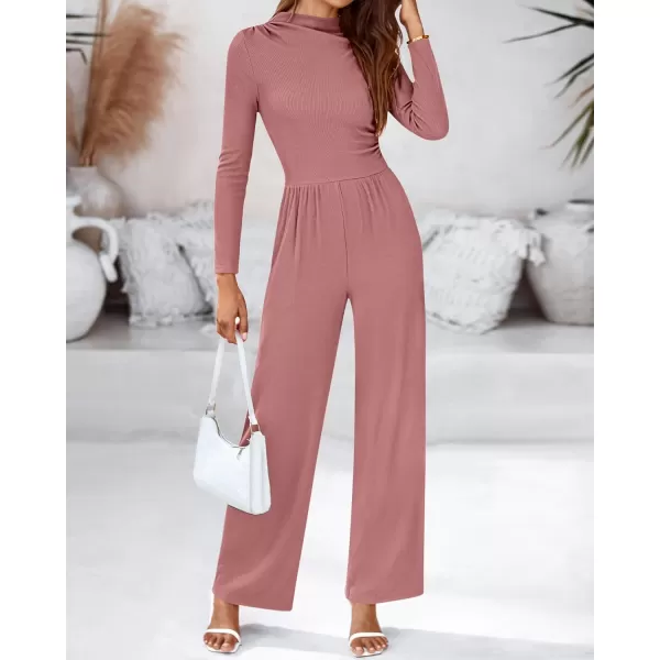 BTFBM Jumpsuits For Women Dressy Mock Neck Long Sleeve Ruched Ribbed Long Pants Rompers Casual Fall One Piece JumpsuitSolid Pink