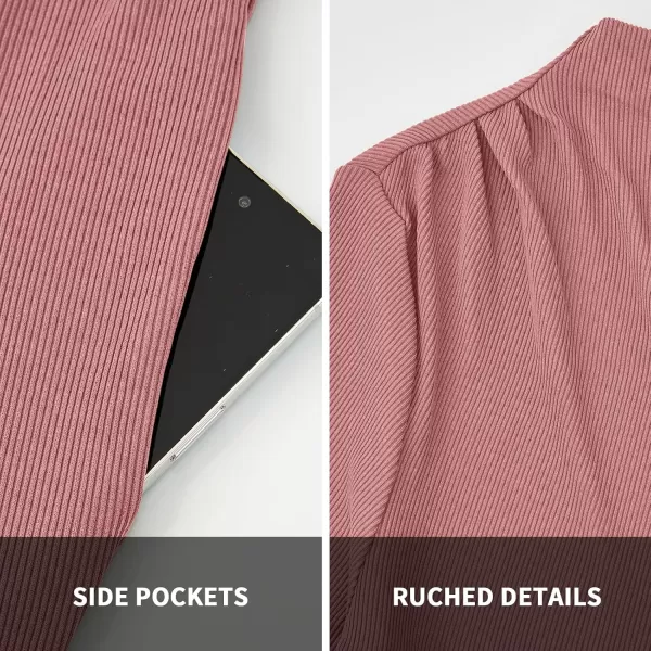 BTFBM Jumpsuits For Women Dressy Mock Neck Long Sleeve Ruched Ribbed Long Pants Rompers Casual Fall One Piece JumpsuitSolid Pink