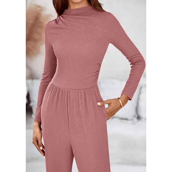 BTFBM Jumpsuits For Women Dressy Mock Neck Long Sleeve Ruched Ribbed Long Pants Rompers Casual Fall One Piece JumpsuitSolid Pink