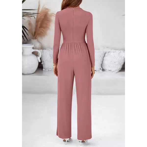 BTFBM Jumpsuits For Women Dressy Mock Neck Long Sleeve Ruched Ribbed Long Pants Rompers Casual Fall One Piece JumpsuitSolid Pink