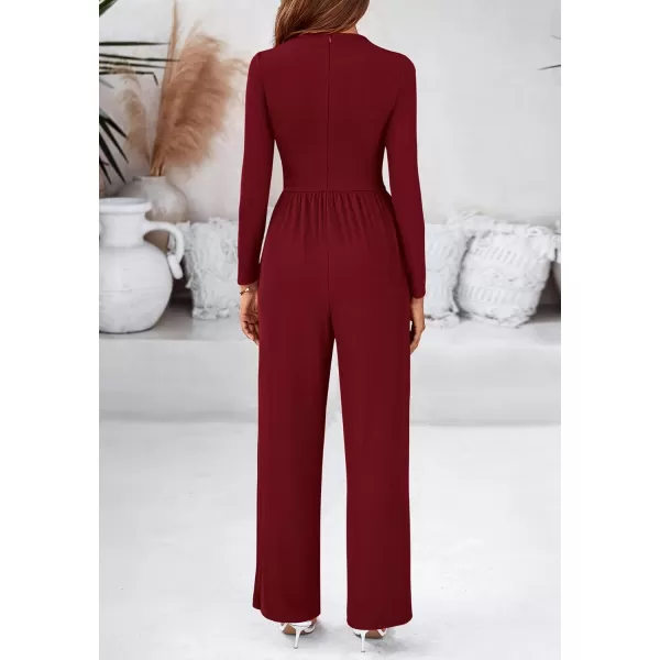 BTFBM Jumpsuits For Women Dressy Mock Neck Long Sleeve Ruched Ribbed Long Pants Rompers Casual Fall One Piece JumpsuitSolid Wine Red