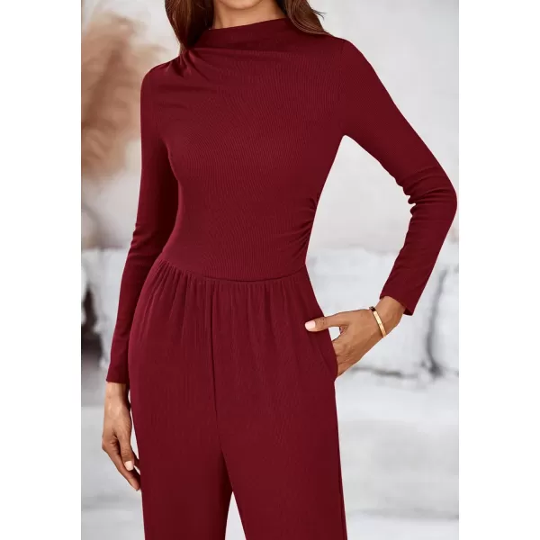 BTFBM Jumpsuits For Women Dressy Mock Neck Long Sleeve Ruched Ribbed Long Pants Rompers Casual Fall One Piece JumpsuitSolid Wine Red
